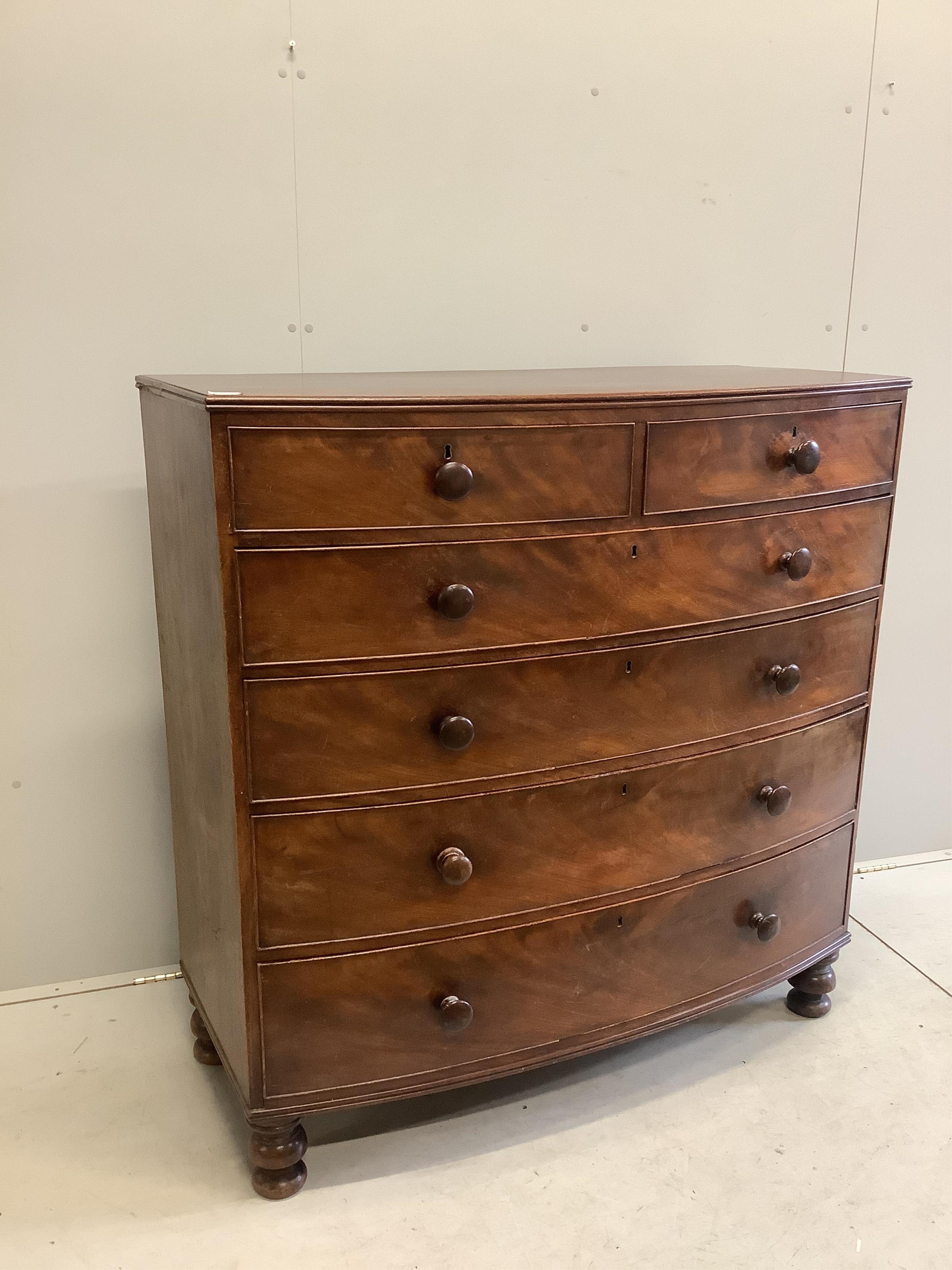 A Victorian mahogany bowfront chest, width 122cm, depth 56cm, height 126cm. Condition - fair